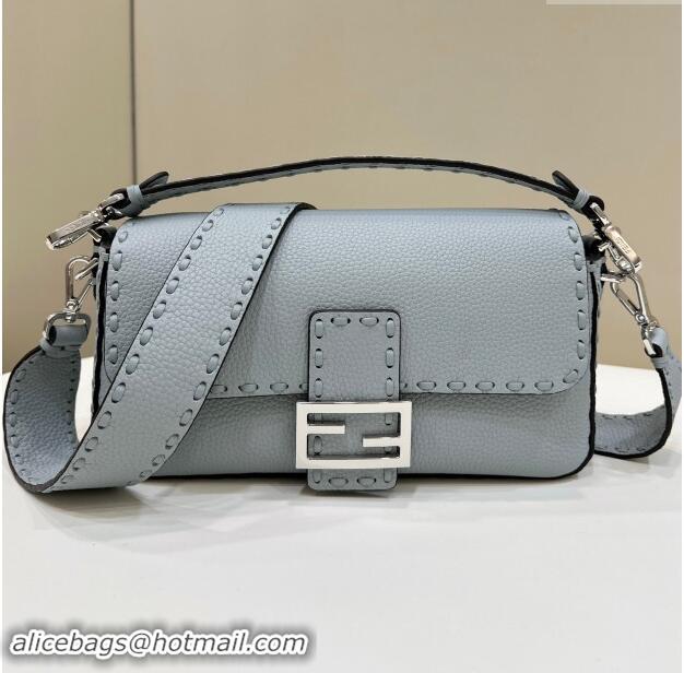 Reasonable Price Fendi Regular Selleria Baguette bag with topstitches in Grained Calfskin 8610M Light Blue 2024