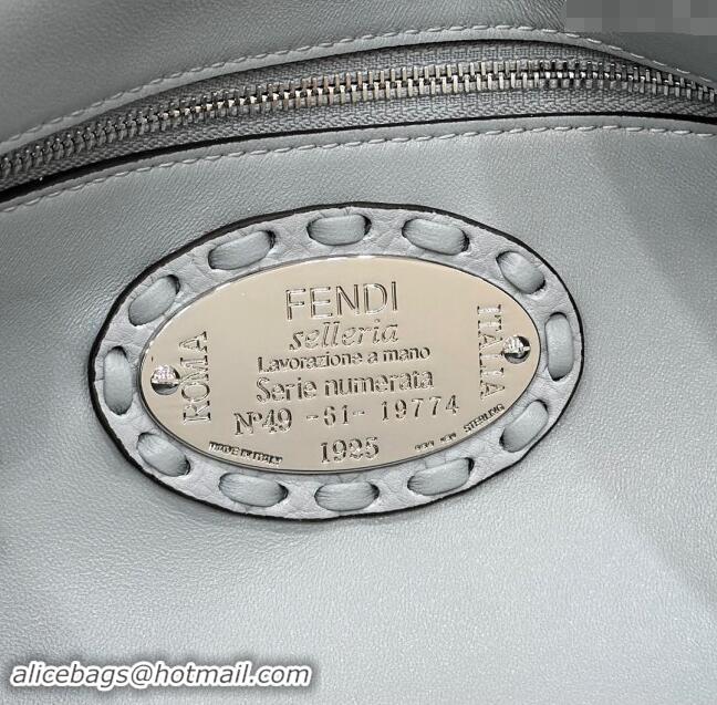 Reasonable Price Fendi Regular Selleria Baguette bag with topstitches in Grained Calfskin 8610M Light Blue 2024