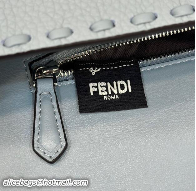 Reasonable Price Fendi Regular Selleria Baguette bag with topstitches in Grained Calfskin 8610M Light Blue 2024