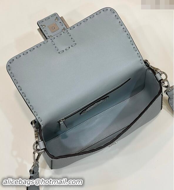 Reasonable Price Fendi Regular Selleria Baguette bag with topstitches in Grained Calfskin 8610M Light Blue 2024