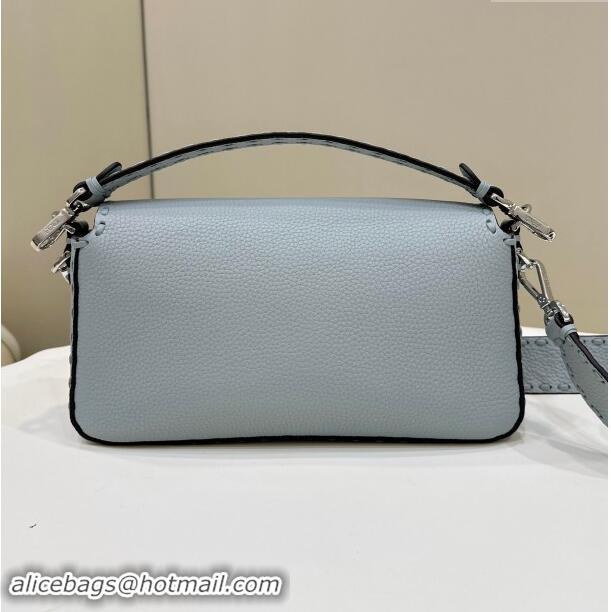 Reasonable Price Fendi Regular Selleria Baguette bag with topstitches in Grained Calfskin 8610M Light Blue 2024