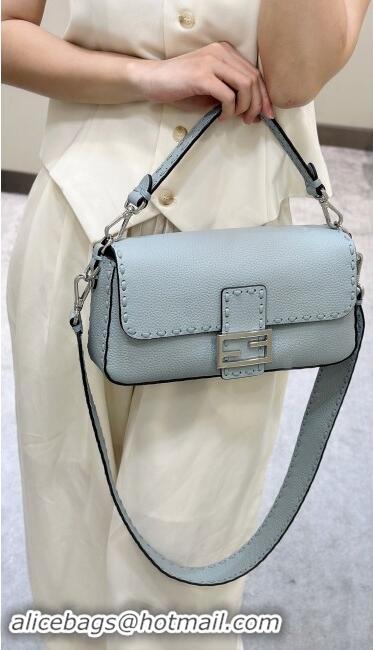 Reasonable Price Fendi Regular Selleria Baguette bag with topstitches in Grained Calfskin 8610M Light Blue 2024