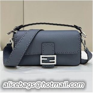 Top Design Fendi Regular Selleria Baguette bag with topstitches in Grained Calfskin 8610M Grey Blue 2024