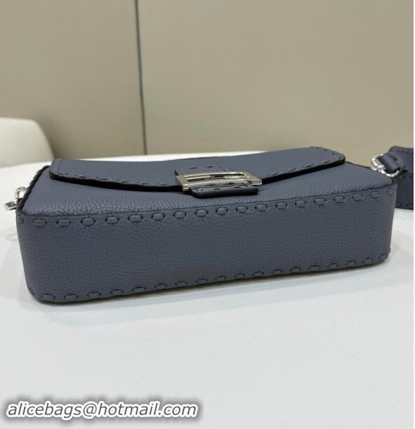 Top Design Fendi Regular Selleria Baguette bag with topstitches in Grained Calfskin 8610M Grey Blue 2024