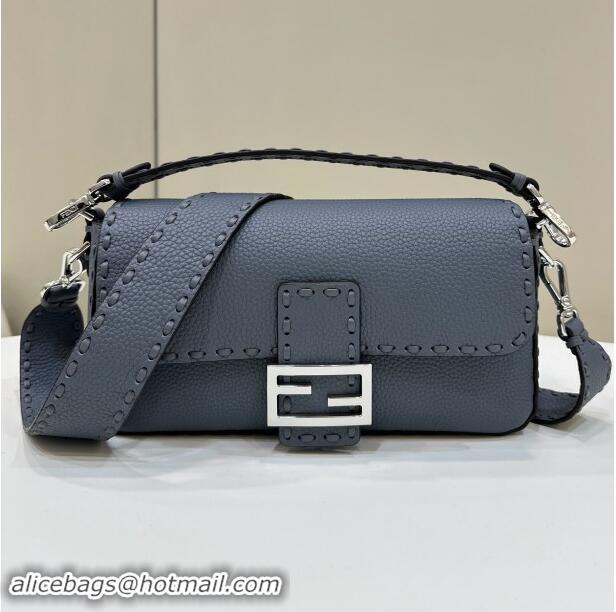 Top Design Fendi Regular Selleria Baguette bag with topstitches in Grained Calfskin 8610M Grey Blue 2024