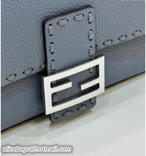 Top Design Fendi Regular Selleria Baguette bag with topstitches in Grained Calfskin 8610M Grey Blue 2024