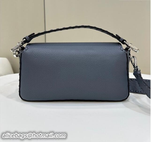 Top Design Fendi Regular Selleria Baguette bag with topstitches in Grained Calfskin 8610M Grey Blue 2024