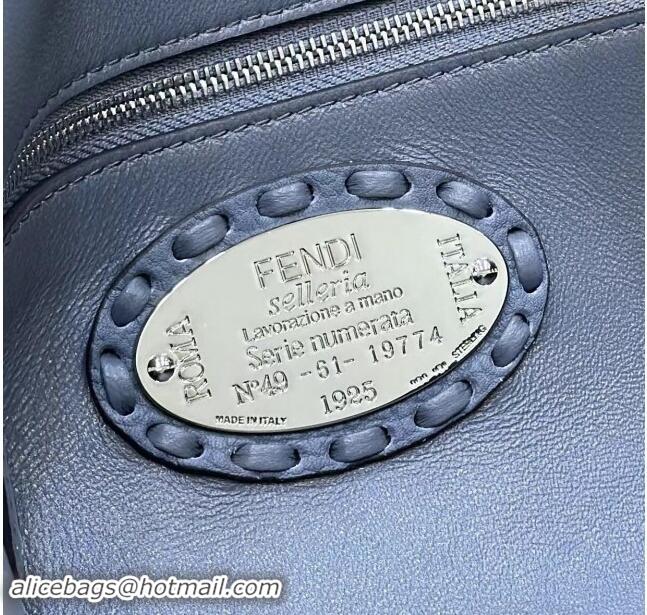 Top Design Fendi Regular Selleria Baguette bag with topstitches in Grained Calfskin 8610M Grey Blue 2024