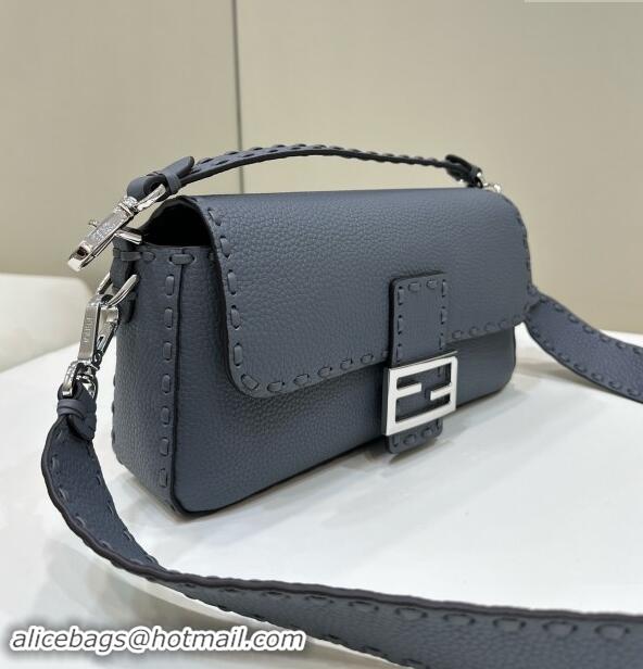 Top Design Fendi Regular Selleria Baguette bag with topstitches in Grained Calfskin 8610M Grey Blue 2024