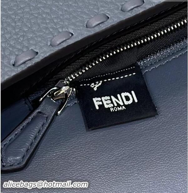 Top Design Fendi Regular Selleria Baguette bag with topstitches in Grained Calfskin 8610M Grey Blue 2024