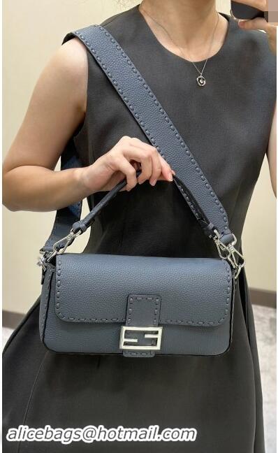 Top Design Fendi Regular Selleria Baguette bag with topstitches in Grained Calfskin 8610M Grey Blue 2024