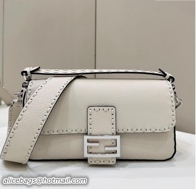 Famous Brand Fendi Regular Selleria Baguette bag with topstitches in Grained Calfskin 8610M White/Silver 2024