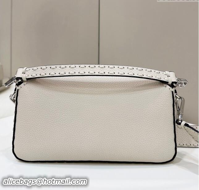 Famous Brand Fendi Regular Selleria Baguette bag with topstitches in Grained Calfskin 8610M White/Silver 2024