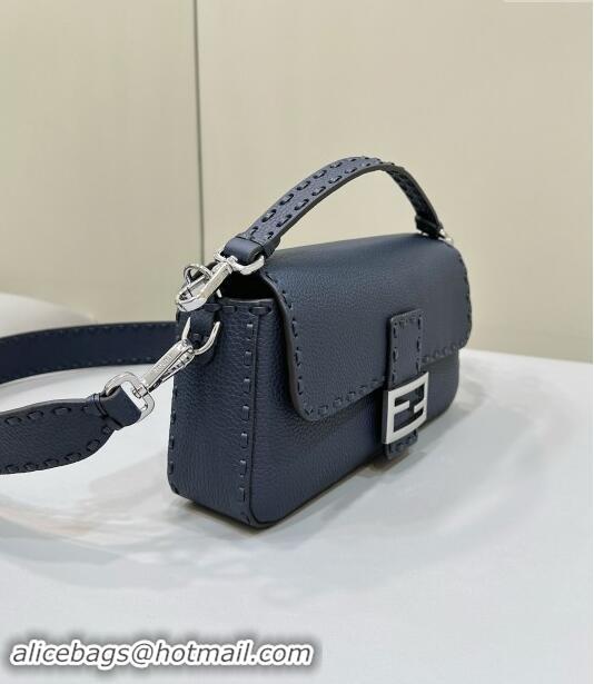 Grade Design Fendi Regular Selleria Baguette bag with topstitches in Grained Calfskin 8610M Midnight Blue 2024