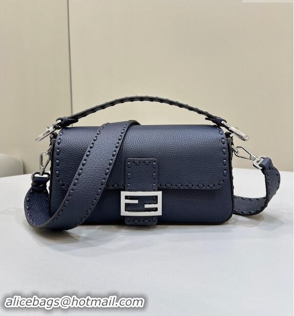 Grade Design Fendi Regular Selleria Baguette bag with topstitches in Grained Calfskin 8610M Midnight Blue 2024