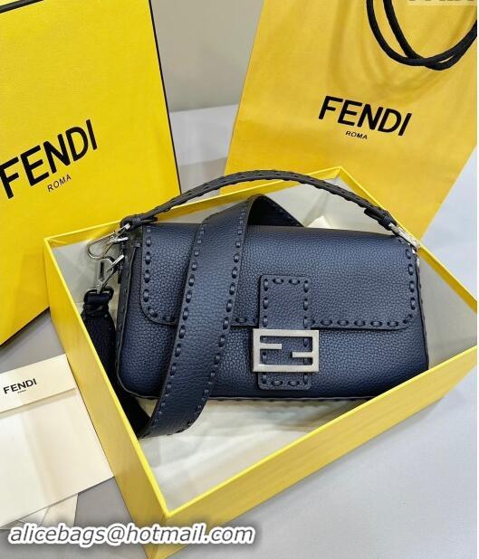 Grade Design Fendi Regular Selleria Baguette bag with topstitches in Grained Calfskin 8610M Midnight Blue 2024