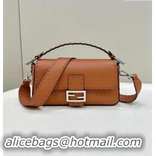 Market Sells Fendi Regular Selleria Baguette bag with topstitches in Grained Calfskin 8610M Caramel Brown 2024