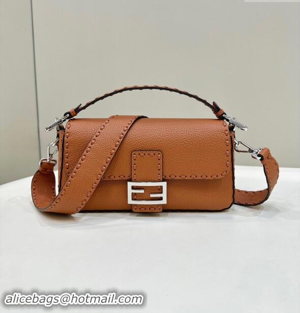 Market Sells Fendi Regular Selleria Baguette bag with topstitches in Grained Calfskin 8610M Caramel Brown 2024