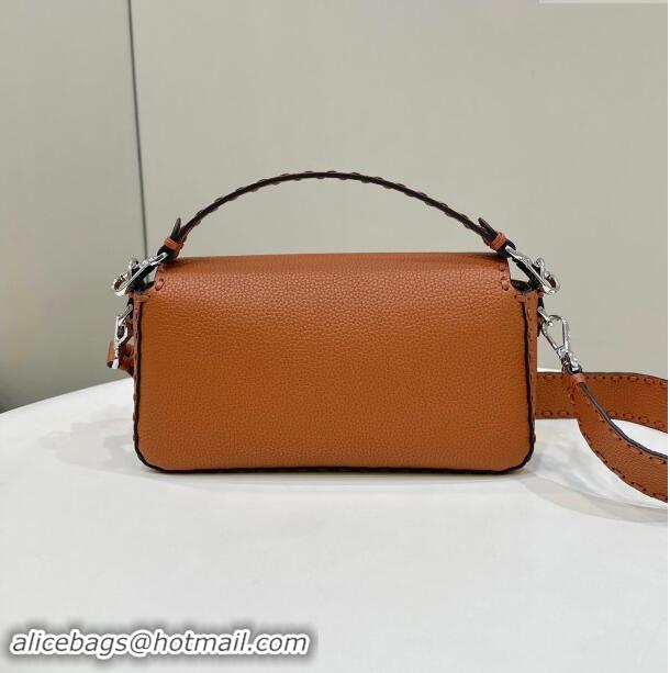 Market Sells Fendi Regular Selleria Baguette bag with topstitches in Grained Calfskin 8610M Caramel Brown 2024