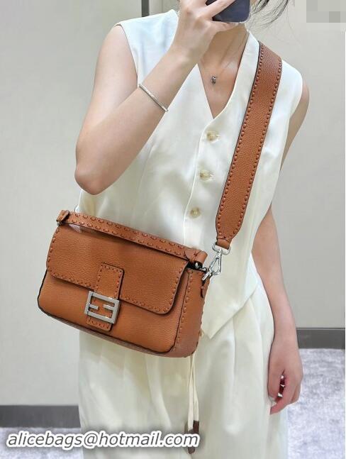 Market Sells Fendi Regular Selleria Baguette bag with topstitches in Grained Calfskin 8610M Caramel Brown 2024