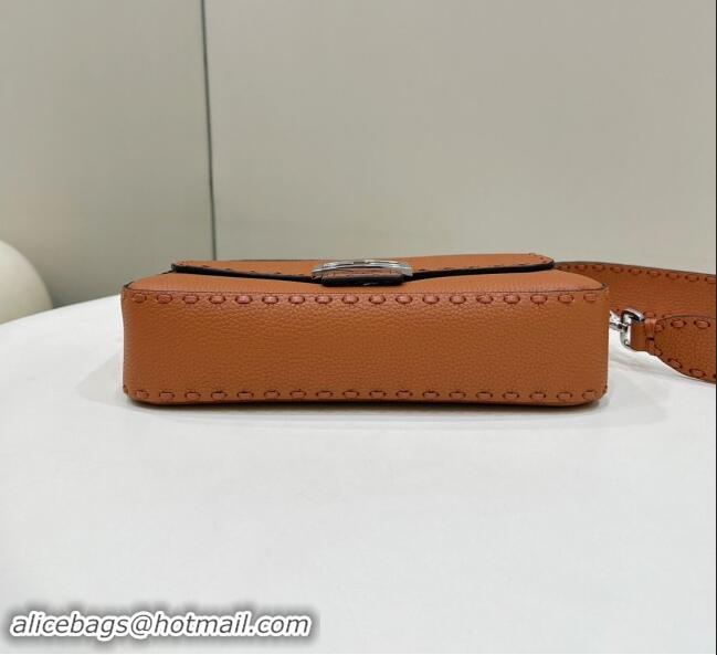 Market Sells Fendi Regular Selleria Baguette bag with topstitches in Grained Calfskin 8610M Caramel Brown 2024