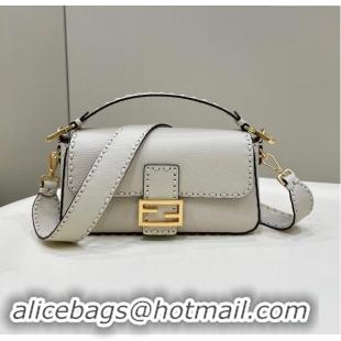 Market Sells Fendi Regular Selleria Baguette bag with topstitches in Grained Calfskin 8610M White/Gold 2024