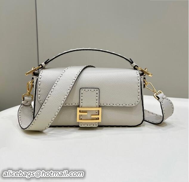 Market Sells Fendi Regular Selleria Baguette bag with topstitches in Grained Calfskin 8610M White/Gold 2024