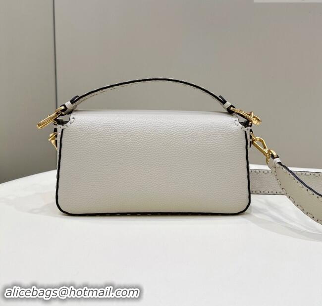 Market Sells Fendi Regular Selleria Baguette bag with topstitches in Grained Calfskin 8610M White/Gold 2024