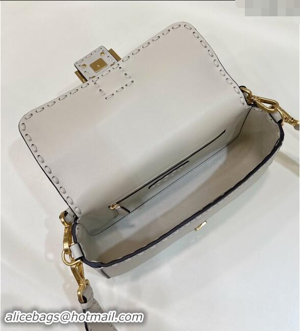 Market Sells Fendi Regular Selleria Baguette bag with topstitches in Grained Calfskin 8610M White/Gold 2024