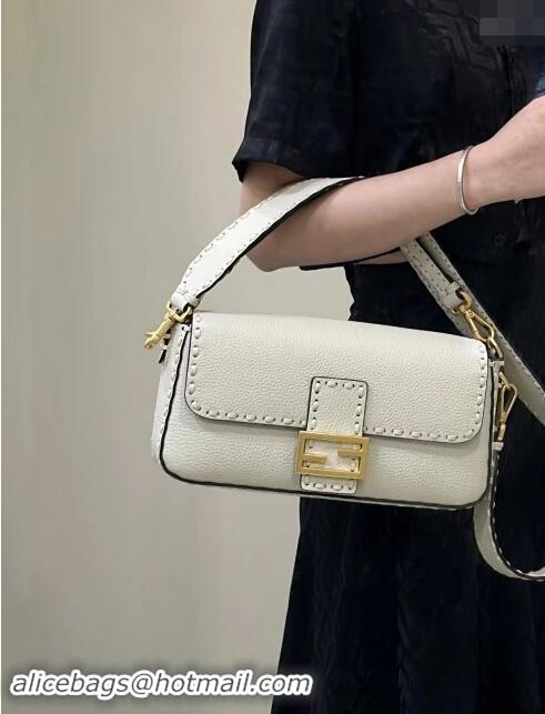 Market Sells Fendi Regular Selleria Baguette bag with topstitches in Grained Calfskin 8610M White/Gold 2024