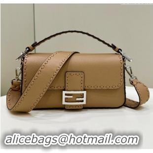 Top Design Fendi Regular Selleria Baguette bag with topstitches in Grained Calfskin 8610M Dark Beige 2024