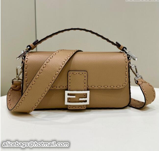 Top Design Fendi Regular Selleria Baguette bag with topstitches in Grained Calfskin 8610M Dark Beige 2024