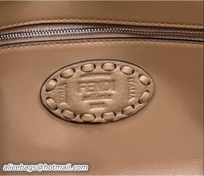 Top Design Fendi Regular Selleria Baguette bag with topstitches in Grained Calfskin 8610M Dark Beige 2024