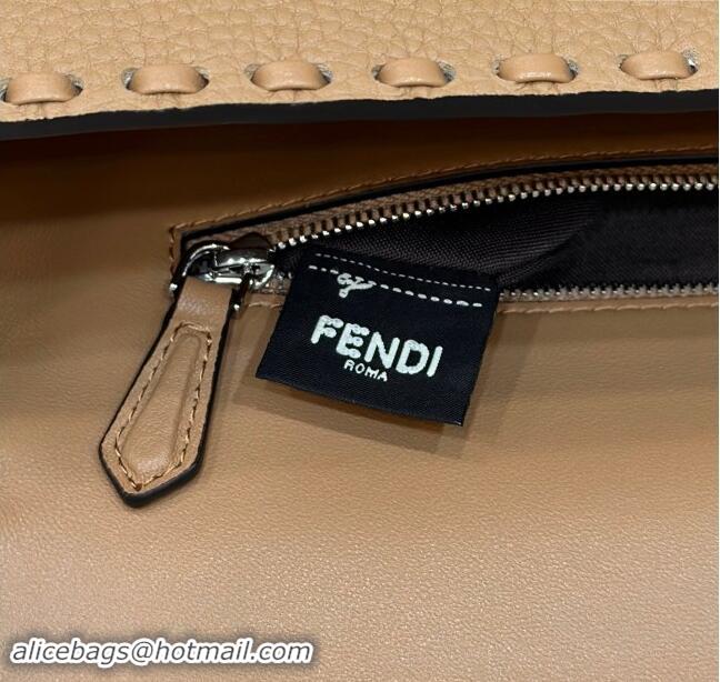 Top Design Fendi Regular Selleria Baguette bag with topstitches in Grained Calfskin 8610M Dark Beige 2024