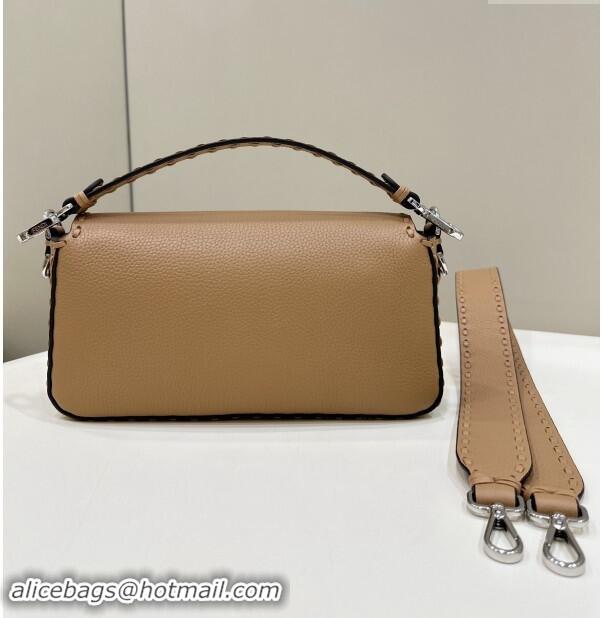 Top Design Fendi Regular Selleria Baguette bag with topstitches in Grained Calfskin 8610M Dark Beige 2024