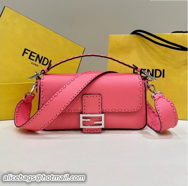 Original Cheap Fendi Regular Selleria Baguette bag with topstitches in Grained Calfskin 8610M Light Pink 2024