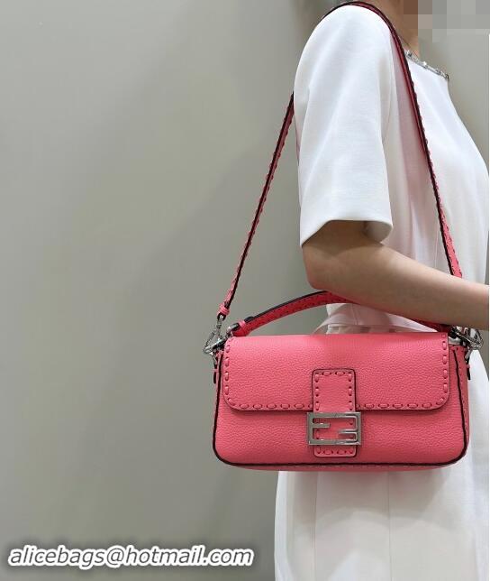 Original Cheap Fendi Regular Selleria Baguette bag with topstitches in Grained Calfskin 8610M Light Pink 2024