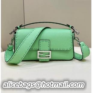 Best Price Fendi Regular Selleria Baguette bag with topstitches in Grained Calfskin 8610M Light Green 2024