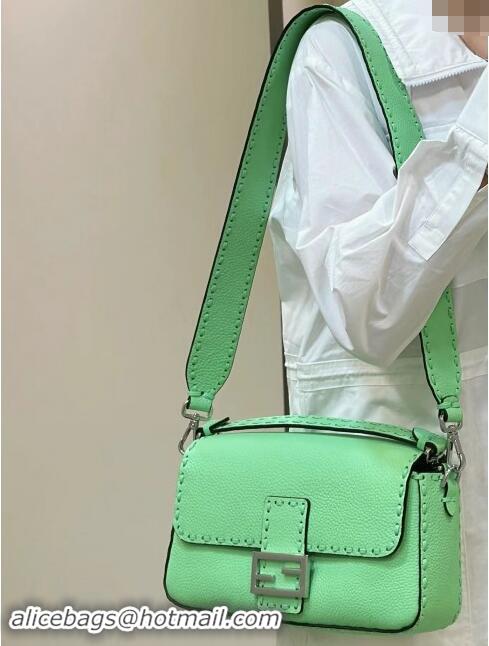 Best Price Fendi Regular Selleria Baguette bag with topstitches in Grained Calfskin 8610M Light Green 2024