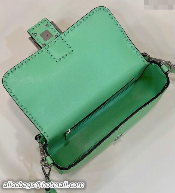 Best Price Fendi Regular Selleria Baguette bag with topstitches in Grained Calfskin 8610M Light Green 2024