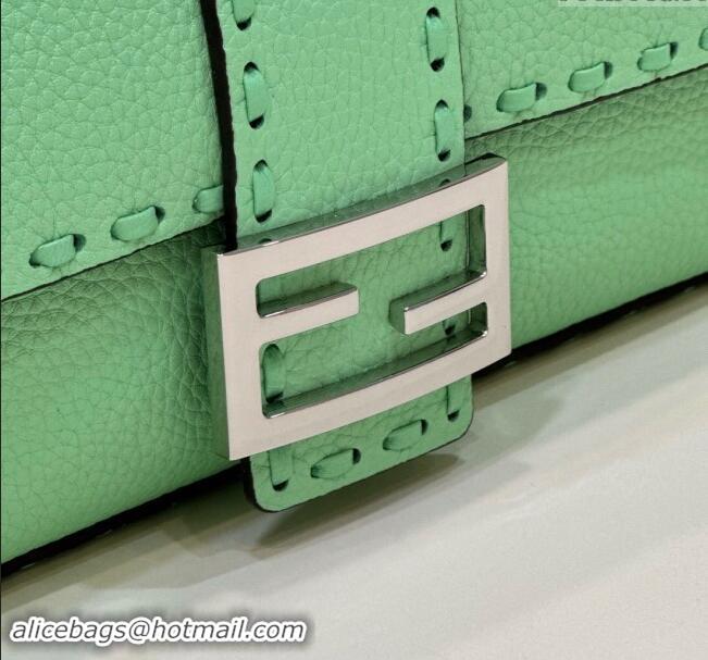 Best Price Fendi Regular Selleria Baguette bag with topstitches in Grained Calfskin 8610M Light Green 2024