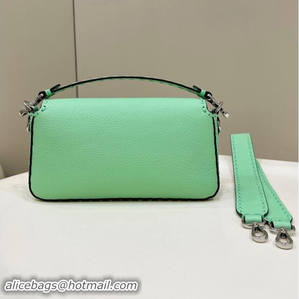 Best Price Fendi Regular Selleria Baguette bag with topstitches in Grained Calfskin 8610M Light Green 2024