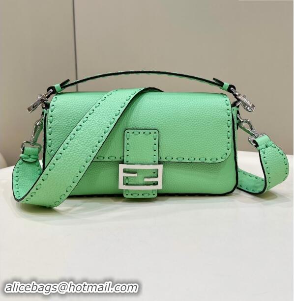 Best Price Fendi Regular Selleria Baguette bag with topstitches in Grained Calfskin 8610M Light Green 2024