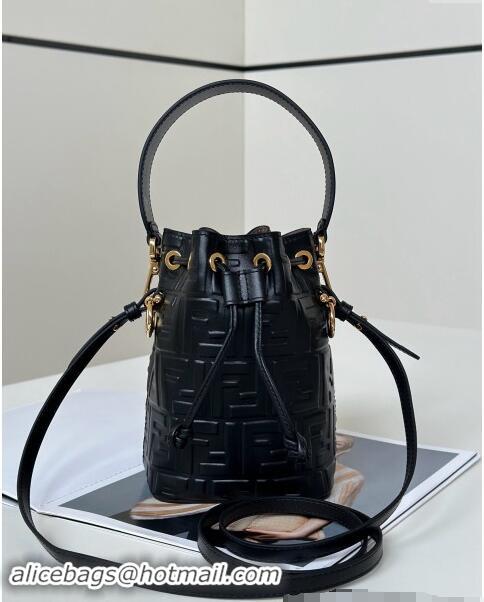 Top Design Fendi Mon Tresor Mini Bucket Bag in FF Leather FF020 Black 2024