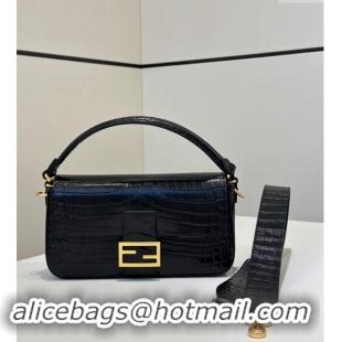 Best Grade Fendi Baguette Medium Bag in Crocodile Embossed Leather 8628 Black 2024