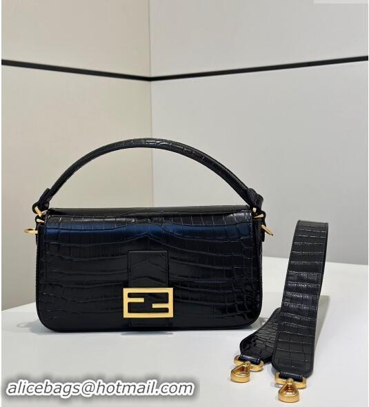 Best Grade Fendi Baguette Medium Bag in Crocodile Embossed Leather 8628 Black 2024