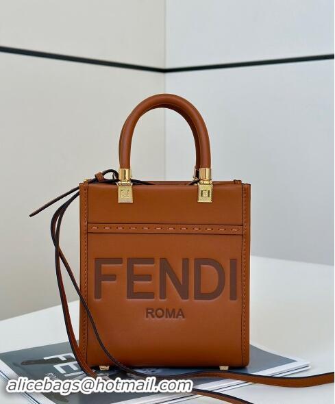 Original Cheap Fendi Mini Sunshine Shopper Tote Bag in Leather 8639S Brown 2024