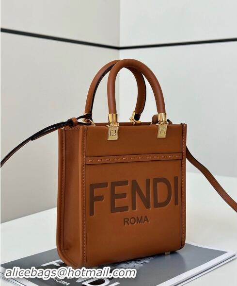 Original Cheap Fendi Mini Sunshine Shopper Tote Bag in Leather 8639S Brown 2024