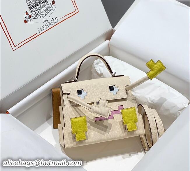 Top Design Hermes Kelly Doll Picto Mini Bag in Calfskin Leather H1001 Cream White 2024 (Half Handmade)