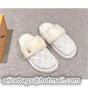 Duplicate Louis Vuitton Suede and Mink Fur Flat Slippers White 1014110